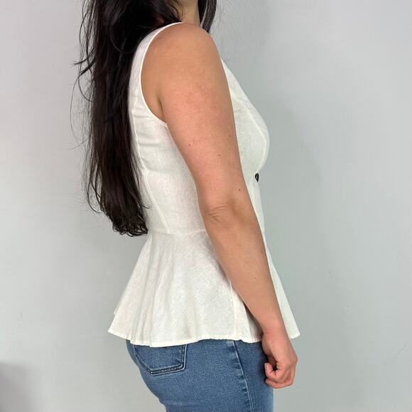 Modcloth Tan Linen Button Front Peplum Sleeveless Top - Picture 4 of 7